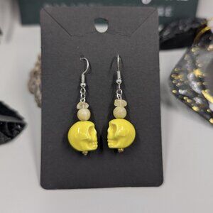 Handmade Gemstone & Ceramic Sunshine Yellow Skull Drop Earrings